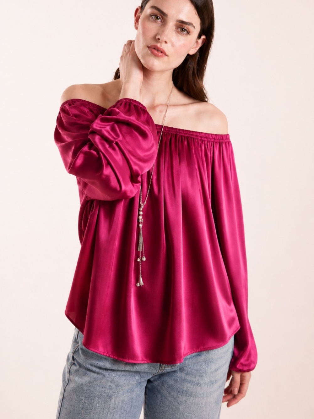 Romantic Boho Off Shoulder Blouse Flowy Pleated Dark Pink Peasant Top Small